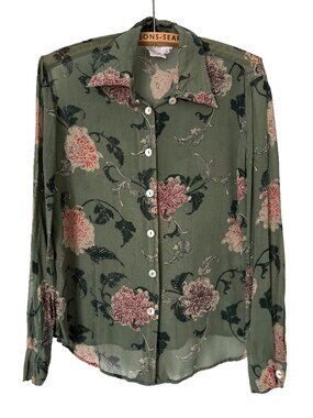 Tess Womens 100% Silk Blouse Floral Chrysanthemum Print Olive Green Vintage Sz M